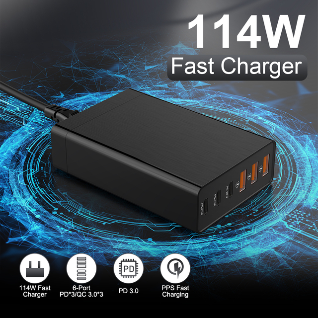 Allkei New Product 2023 Popular USB Type C PD Charger 6 Ports GaN PD100W Fast Charger for IPhone 14 13 12 for Samsung