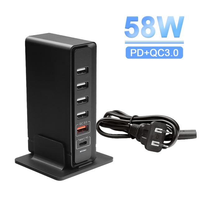 Allkei 6 Port 58W QC 3.0 Type C PD 20W USB Fast Charger Travel Adapter Mobile Phone Wall Charger